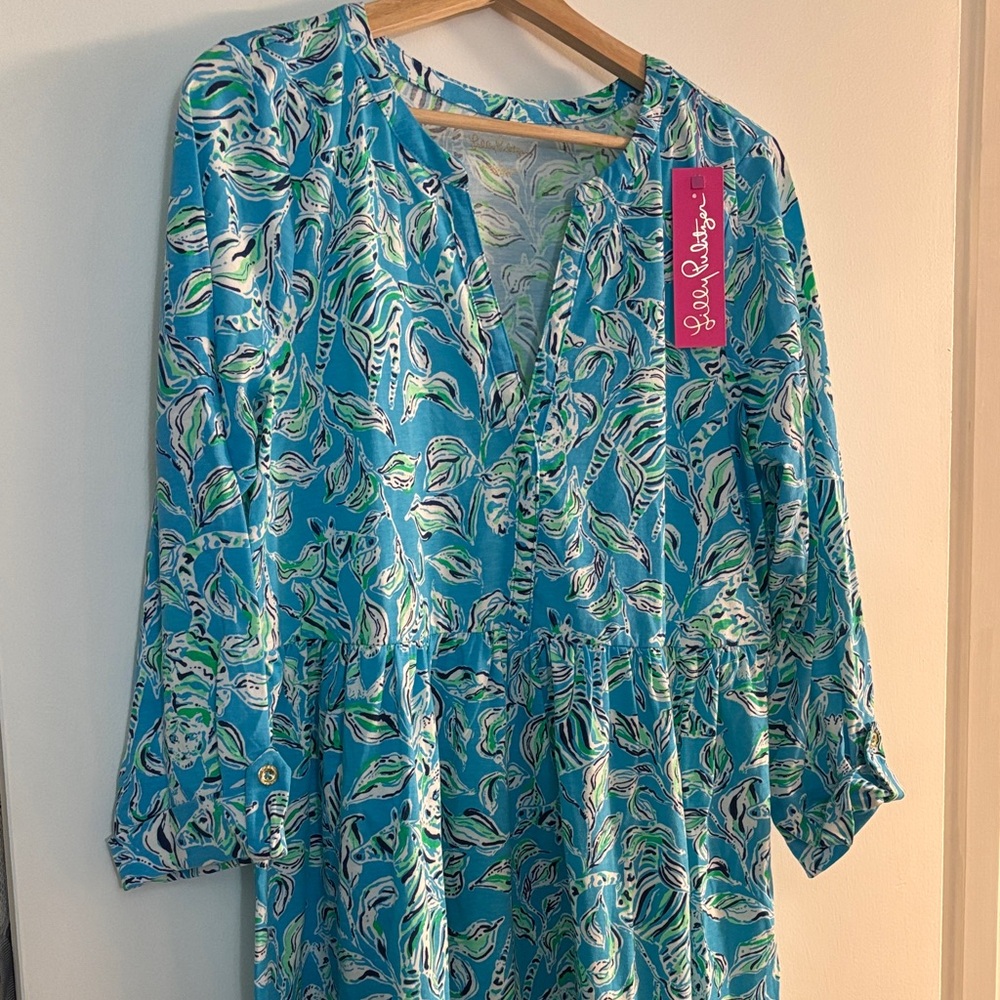 Lilly Pulitzer NWT 🏷️ Turquoise and White Leaf Print Dress 🌴 Loran Style
